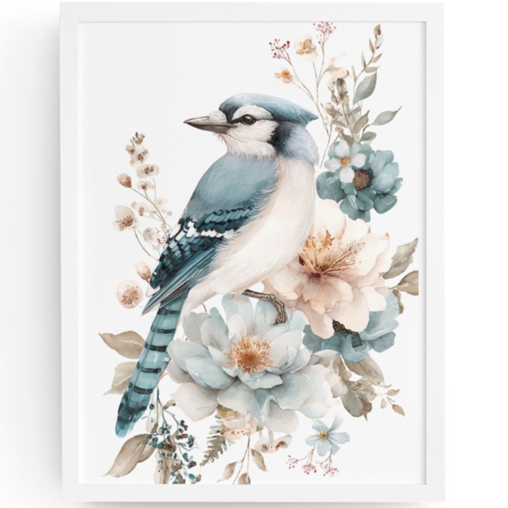 Watercolor Floral Blue Jay Art Print - Unframed Vibrant Wall Decor